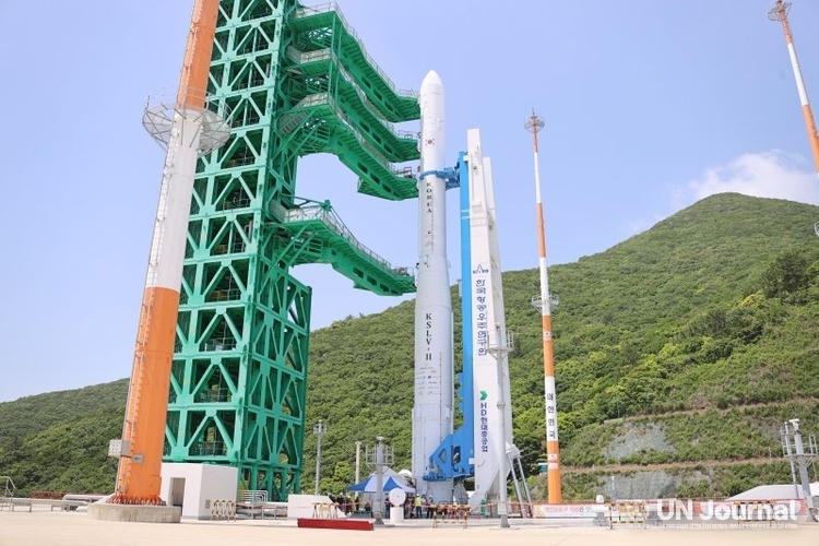 The Nuri, a Korean launch vehicle set to launch for the third time, is secured after standing up at the launch pad in Goheung, South Jeolla Province, on May 23, 2023./ Courtesy of the Korea Aerospace Research Institute