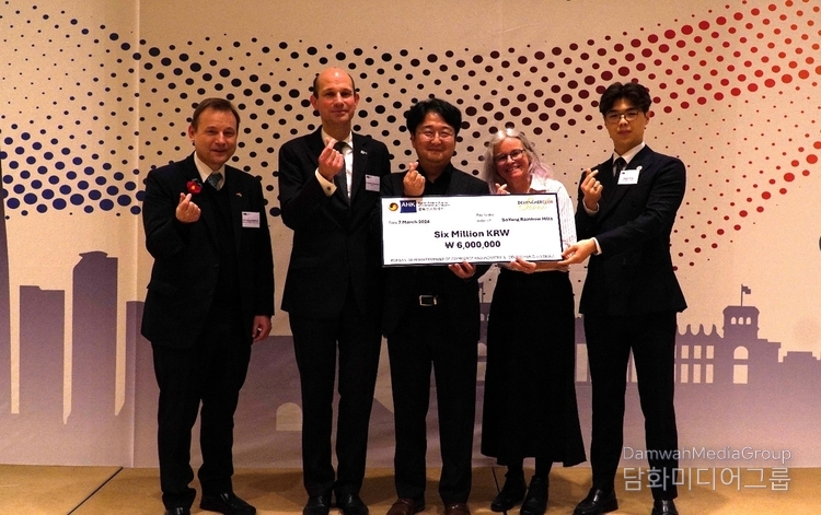 (From left) Georg Schmidt, German Ambassador to Korea, Martin Henkelmann, President & CEO of KGCCI, Kwangyun Chi, Head of Soyang Rainbow Hills pose for a photo during a donation ceremony on March 7, 2024. KGCCI, its member companies and the German Club presented a donation of 6 million won to Soyang Rainbow Hills (formerly known as Soyang Orphanage). / Courtesy of KGCCI