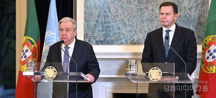 Secretary-General António Guterres (left) and Prime Minister Luís Montenegro of Portugal speak to reporters following the conclusion of the 10th Global Forum of the United Nations Alliance of Civilizations.