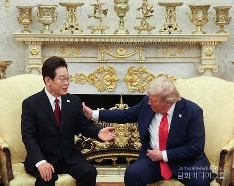 President Lee Jae-myung (left) and US President Donald Trump hold a summit meeting held at the Oval Office of the White House in Washington, D.C. on August 25 (local time). The two leaders wore red ties and exchanged smiles and jokes, easing the tense atmosphere of the meeting.