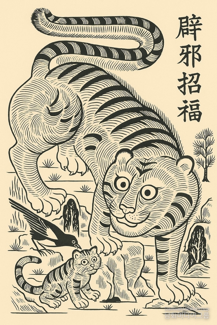  「辟邪招福虎圖 (Tiger Painting for Warding Off Evil and Inviting Good Fortune)」 by Damwhachongsa | This tiger painting embodies both the symbolism of traditional folk art and Buddhist auspicious meaning, reflecting the phrase ‘辟邪招福 (Warding Off Evil and Inviting Good Fortune)’ that signifies repelling evil spirits and inviting blessings. The tiger, standing tall with wide-open eyes, symbolizes the protective spirit guarding the home, while the cub and magpie beside it represent peace and the cycle of life. The rhythmic black ink lines and simplified forms offer a modern reinterpretation of classical folk painting aesthetics, reflecting the artist's intent to revive the spirit of ‘warding off evil and inviting fortune’ in contemporary daily life.